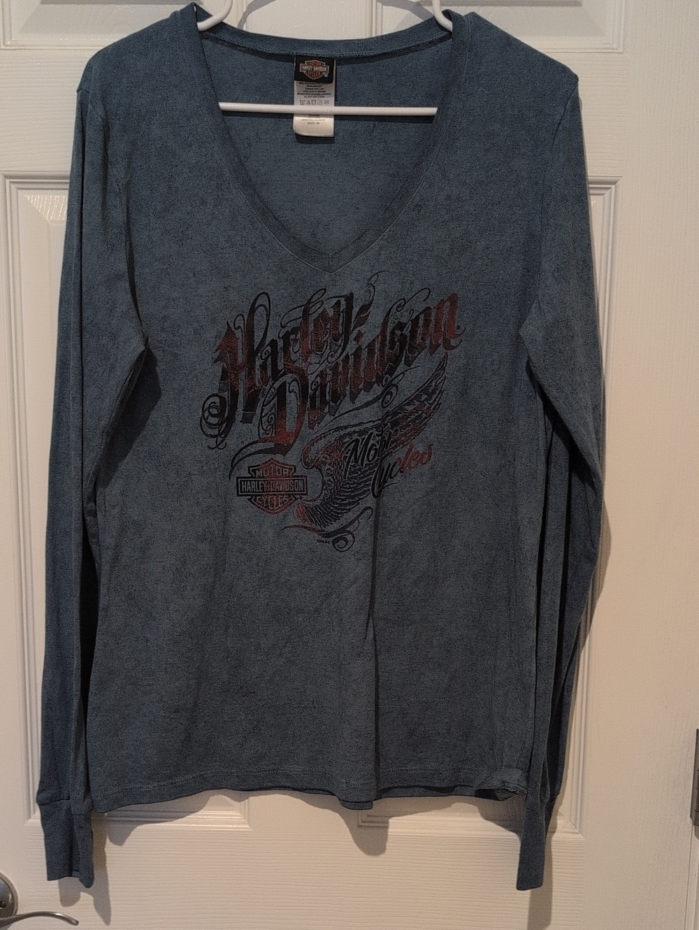 Harley-Davidson Women's Washed Look Blue V-Neck Graphic Long Sleeve Tee